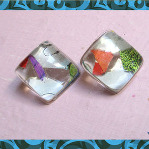 Cool Diamond Shaped Collage Resin Stud Earrings Lucite 90s Art Designer Look